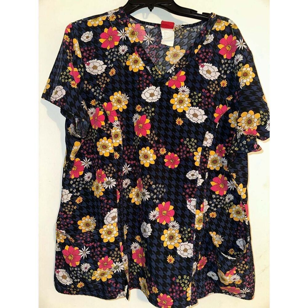 Dickies Women's 2XL Scrub Top V-Neck Floral Houndstooth Print Short Sleeve